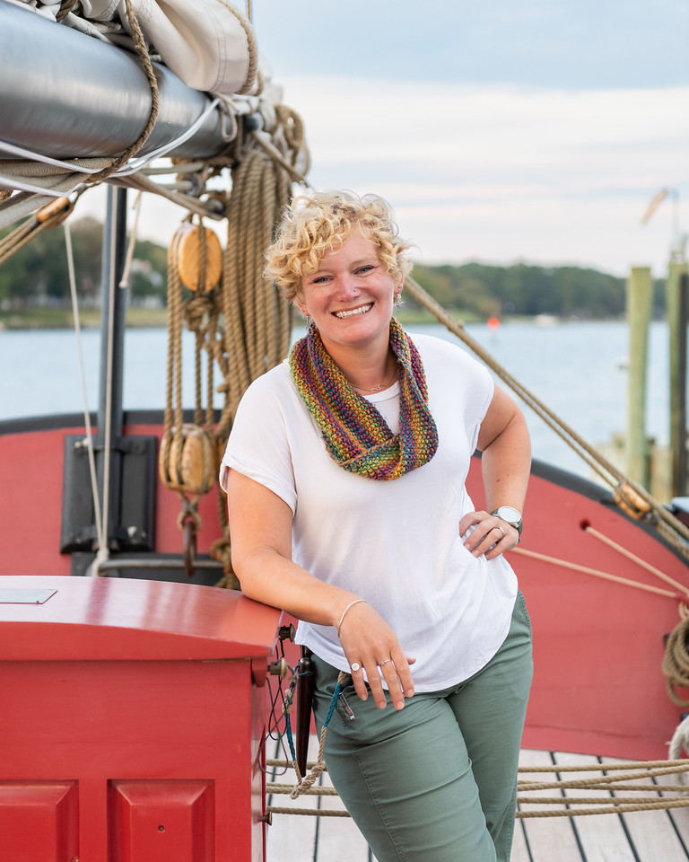 CBMM’s Her Helm exhibition features a selection of Kristin Rutkowski’s photo portraits of women who captain vessels on the Chesapeake Bay, including Kate Dumhart of the schooner Sultana.
