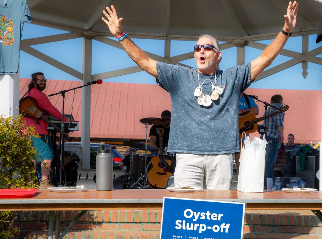 The oyster slurp-off contest is always a highlight of the Chesapeake Bay Maritime Museum’s OysterFest. (Photo by Sharon Thorpe)