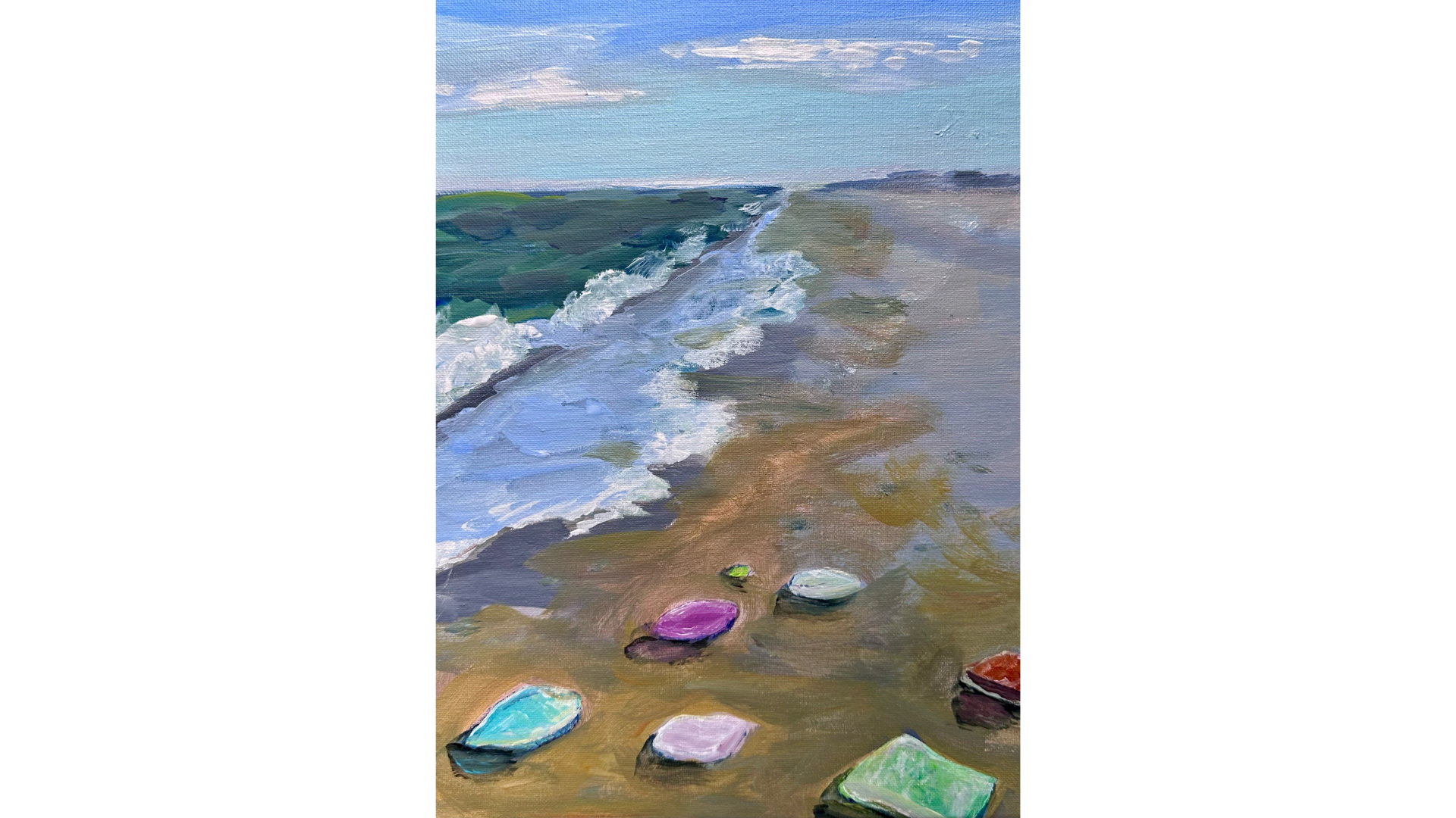 Painting of sea glass on a Chesapeake Bay beach.