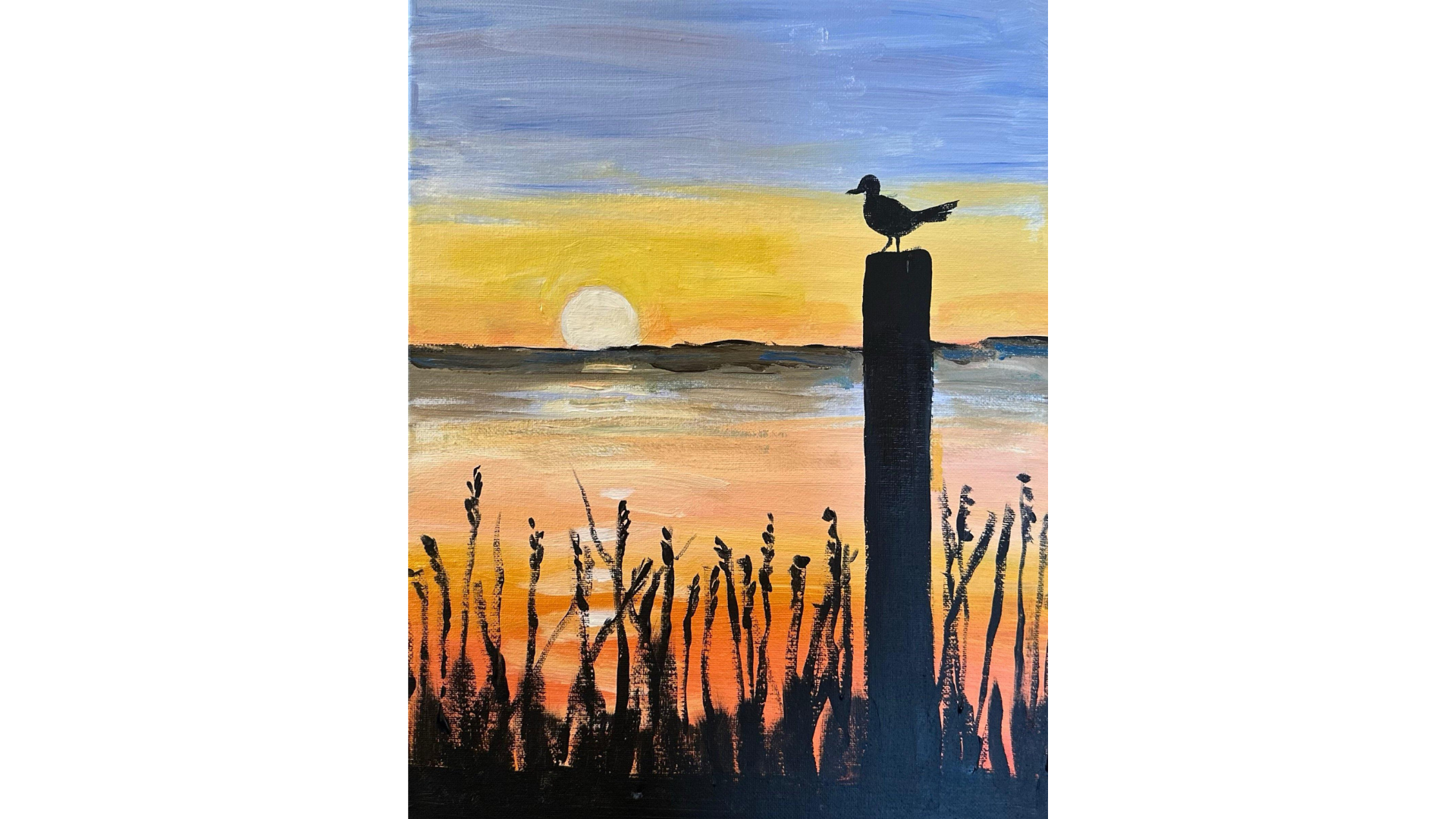 Painting of a stunning coastal sunset with a silhouetted seabird.
