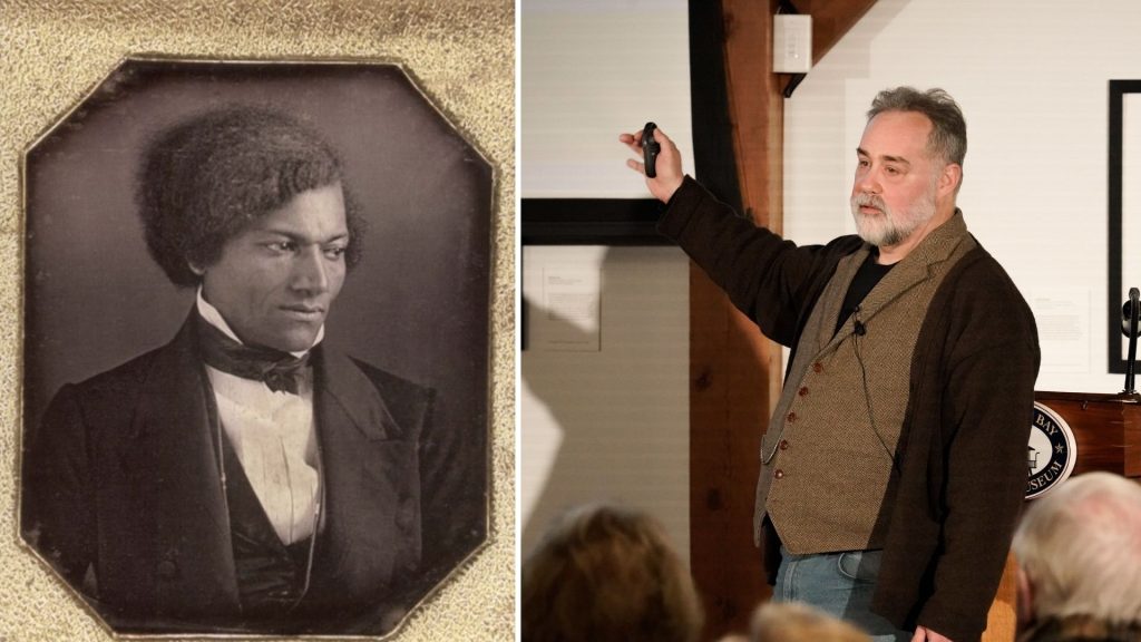 Historian Tim Walker presenting and portrait of Frederick Douglass